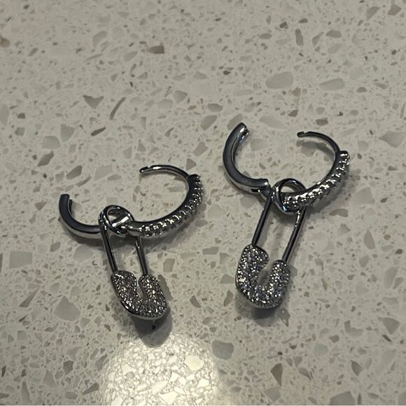 Cubic Zirconia Safety Pin Drop Earrings - Picture 5 of 10